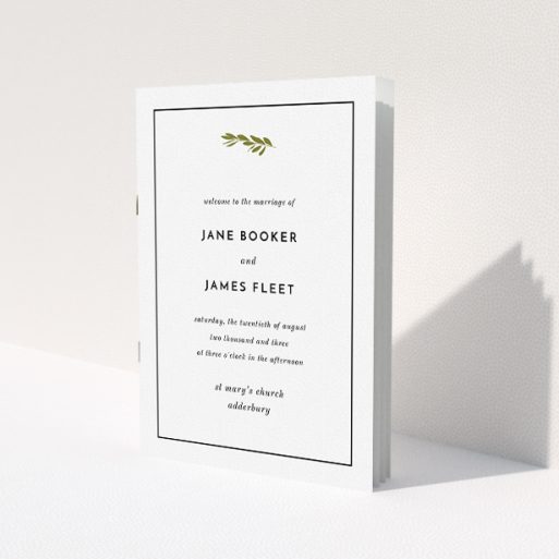 A wedding order of service named 'Olive branch stamp'. It is an A5 booklet in a portrait orientation. 'Olive branch stamp' is available as a folded booklet booklet, with tones of white and green.