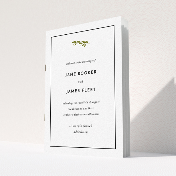 A wedding order of service named "Olive branch stamp". It is an A5 booklet in a portrait orientation. "Olive branch stamp" is available as a folded booklet booklet, with tones of white and green.