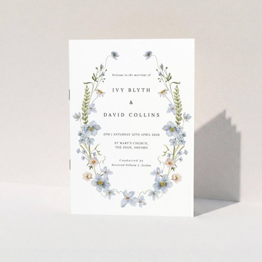 Floral wedding order of service program design with botanical elements and no photos.