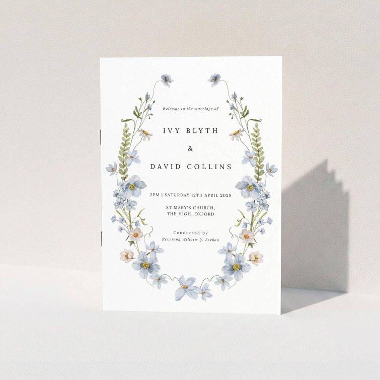 Floral wedding order of service program design with botanical elements and no photos.