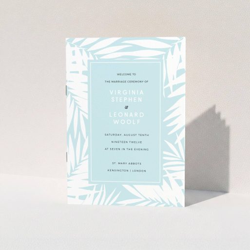 Wedding Order Of Service Design - "Pastel Jungle" A wedding order of service design called "Pastel Jungle". It is an A5 booklet in a portrait orientation. "Pastel Jungle" is available as a folded booklet booklet, with tones of blue and white.