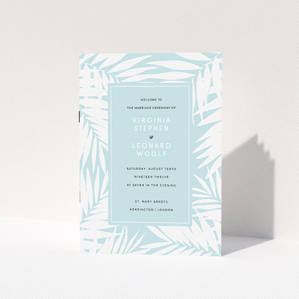 A wedding order of service design called "Pastel Jungle". It is an A5 booklet in a portrait orientation. "Pastel Jungle" is available as a folded booklet booklet, with tones of blue and white.