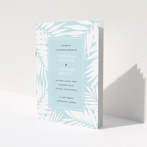 A wedding order of service design called 'Pastel Jungle'. It is an A5 booklet in a portrait orientation. 'Pastel Jungle' is available as a folded booklet booklet, with tones of blue and white.