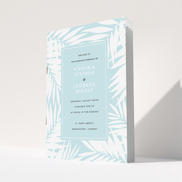 A wedding order of service design called "Pastel Jungle". It is an A5 booklet in a portrait orientation. "Pastel Jungle" is available as a folded booklet booklet, with tones of blue and white.