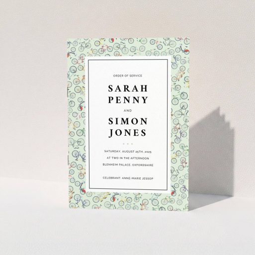 Wedding Order Of Service Design - "Peloton" A wedding order of service design named "Peloton". It is an A5 booklet in a portrait orientation. "Peloton" is available as a folded booklet booklet, with tones of green, red and grey.