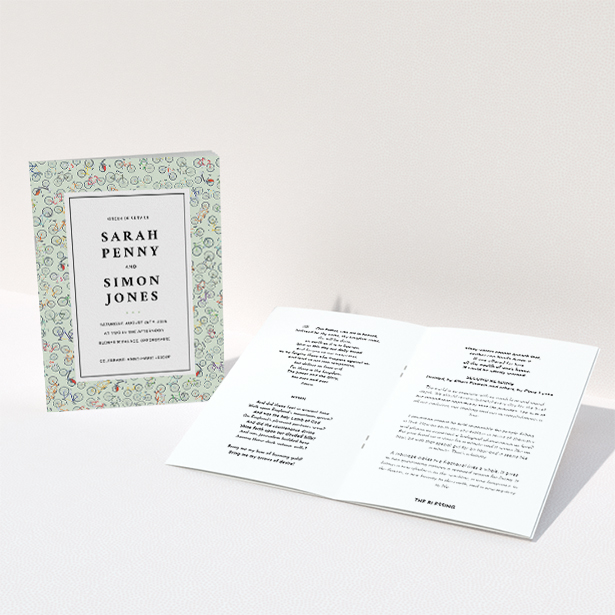 A wedding order of service design named "Peloton". It is an A5 booklet in a portrait orientation. "Peloton" is available as a folded booklet booklet, with tones of green, red and grey.