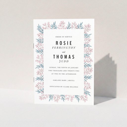 A wedding order of service template titled "Pink and Blue Floral Modern". It is an A5 booklet in a portrait orientation. "Pink and Blue Floral Modern" is available as a folded booklet booklet, with tones of blue and pink.