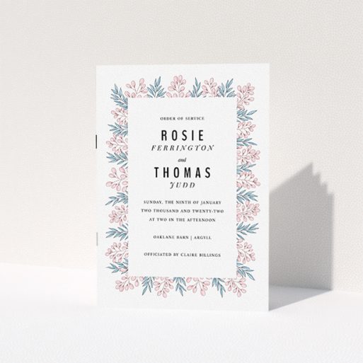 A wedding order of service template titled "Pink and Blue Floral Modern". It is an A5 booklet in a portrait orientation. "Pink and Blue Floral Modern" is available as a folded booklet booklet, with tones of blue and pink.