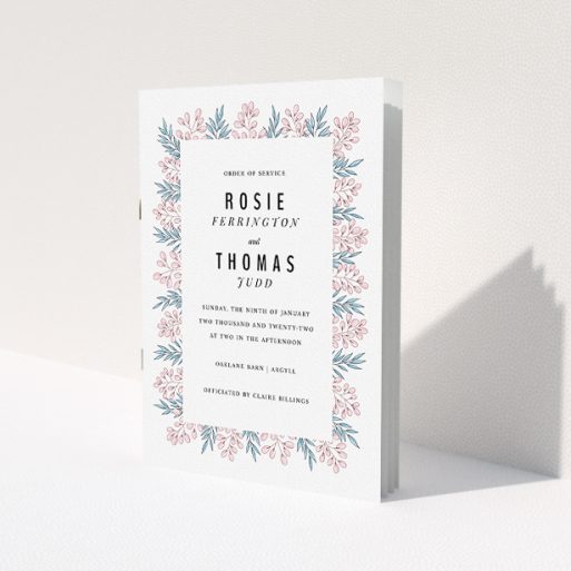A wedding order of service template titled 'Pink and Blue Floral Modern'. It is an A5 booklet in a portrait orientation. 'Pink and Blue Floral Modern' is available as a folded booklet booklet, with tones of blue and pink.