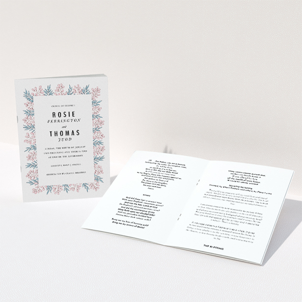 A wedding order of service template titled "Pink and Blue Floral Modern". It is an A5 booklet in a portrait orientation. "Pink and Blue Floral Modern" is available as a folded booklet booklet, with tones of blue and pink.