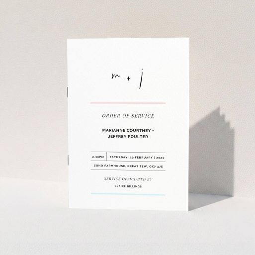Wedding Order Of Service Design - "Pink and Blue" A wedding order of service design called "Pink and Blue". It is an A5 booklet in a portrait orientation. "Pink and Blue" is available as a folded booklet booklet, with tones of white and blue.