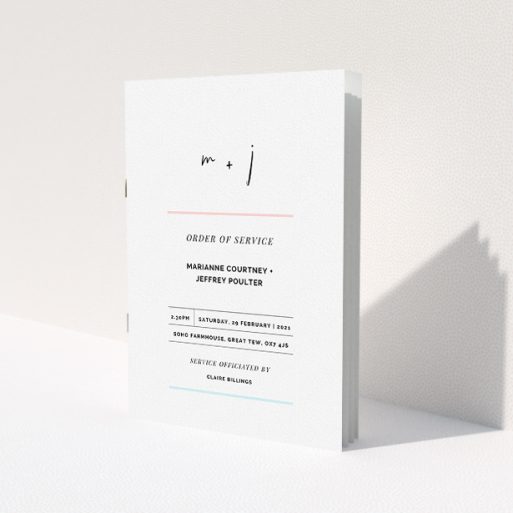 A wedding order of service design called 'Pink and Blue'. It is an A5 booklet in a portrait orientation. 'Pink and Blue' is available as a folded booklet booklet, with tones of white and blue.
