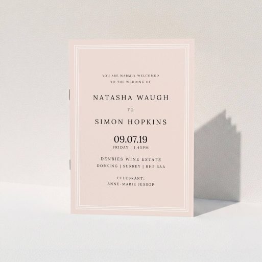 A wedding order of service called "Pink and White Classic". It is an A5 booklet in a portrait orientation. "Pink and White Classic" is available as a folded booklet booklet, with tones of faded pink and white.