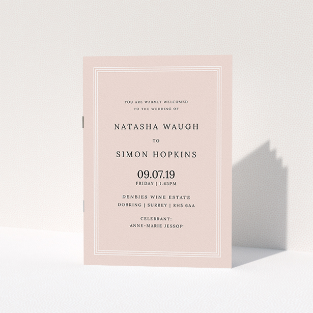 A wedding order of service called "Pink and White Classic". It is an A5 booklet in a portrait orientation. "Pink and White Classic" is available as a folded booklet booklet, with tones of faded pink and white.
