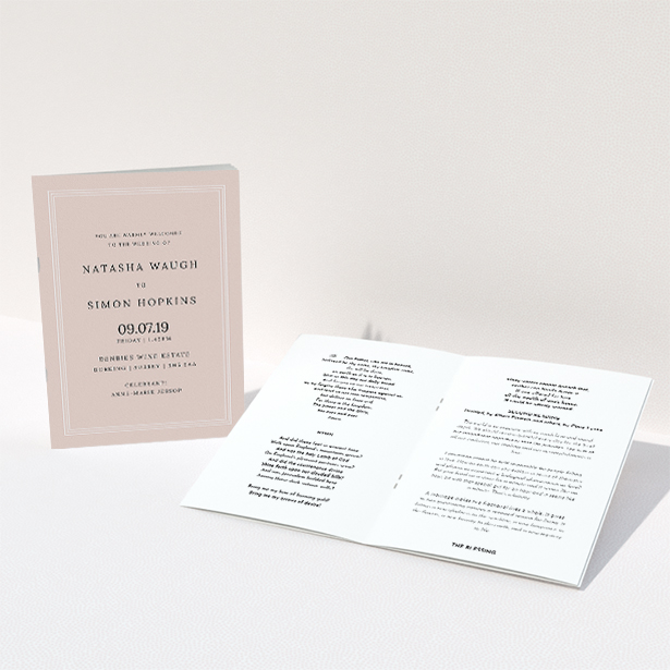 A wedding order of service called "Pink and White Classic". It is an A5 booklet in a portrait orientation. "Pink and White Classic" is available as a folded booklet booklet, with tones of faded pink and white.