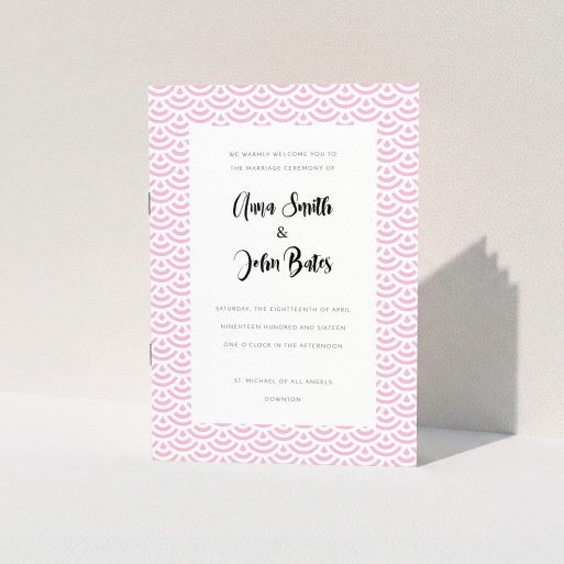 A wedding order of service named "Pink Fans". It is an A5 booklet in a portrait orientation. "Pink Fans" is available as a folded booklet booklet, with tones of pink and white.