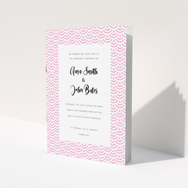 A wedding order of service named "Pink Fans". It is an A5 booklet in a portrait orientation. "Pink Fans" is available as a folded booklet booklet, with tones of pink and white.