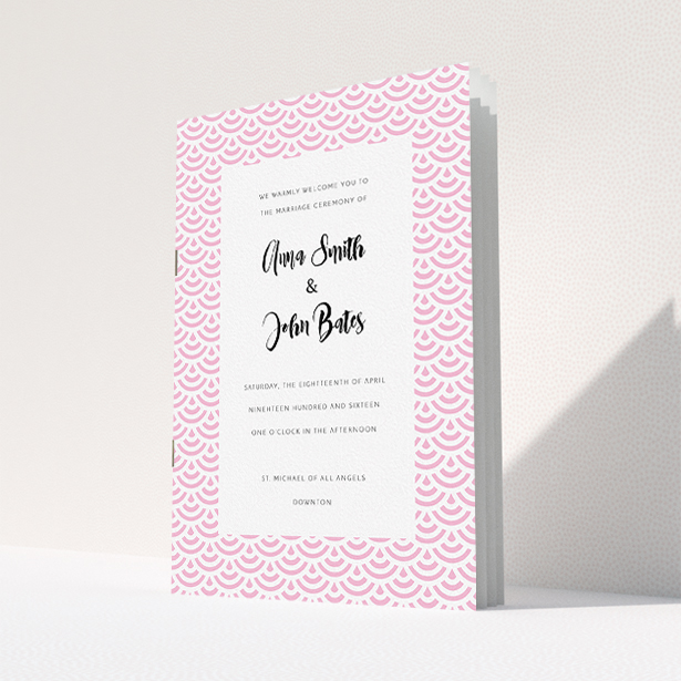 A wedding order of service named "Pink Fans". It is an A5 booklet in a portrait orientation. "Pink Fans" is available as a folded booklet booklet, with tones of pink and white.