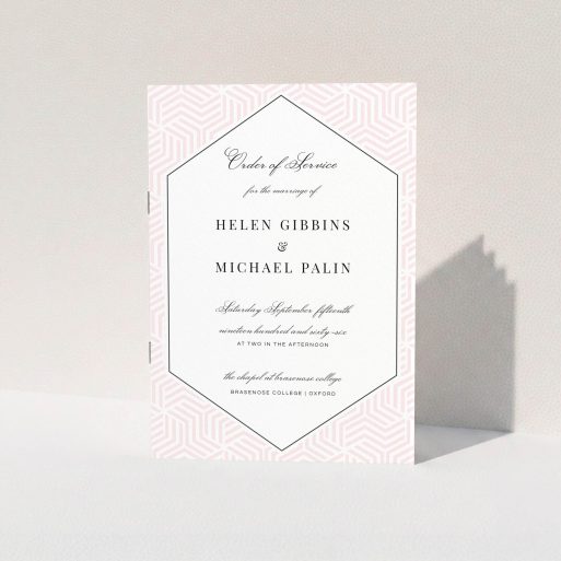 Wedding Order Of Service Design - "Pink geometric maze" A wedding order of service template titled "Pink geometric maze". It is an A5 booklet in a portrait orientation. "Pink geometric maze" is available as a folded booklet booklet, with tones of pink and white.