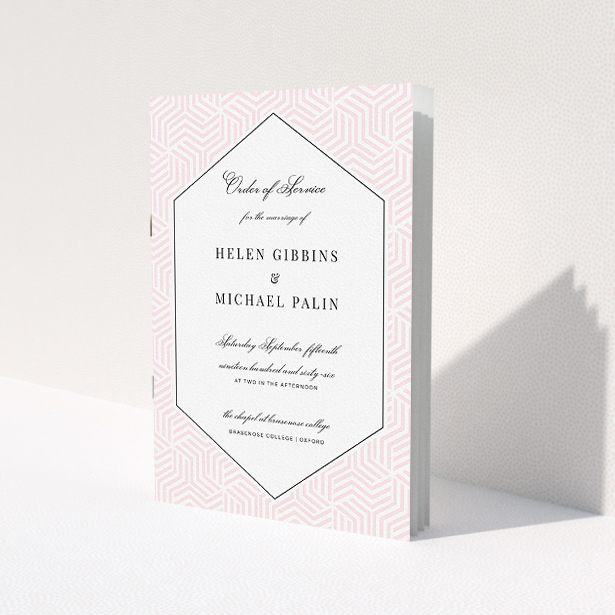A wedding order of service template titled "Pink geometric maze". It is an A5 booklet in a portrait orientation. "Pink geometric maze" is available as a folded booklet booklet, with tones of pink and white.