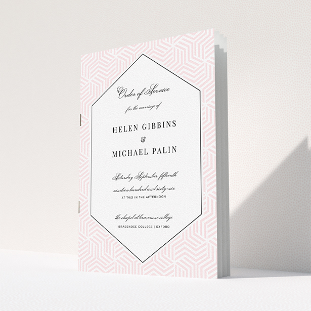A wedding order of service template titled "Pink geometric maze". It is an A5 booklet in a portrait orientation. "Pink geometric maze" is available as a folded booklet booklet, with tones of pink and white.