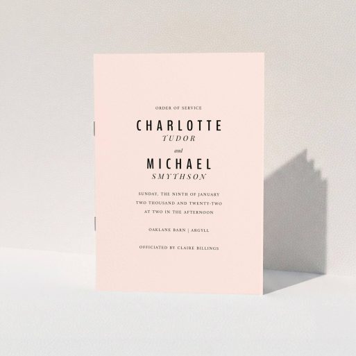 Wedding Order Of Service Design - "Pink with Typography" A wedding order of service design titled "Pink with Typography". It is an A5 booklet in a portrait orientation. "Pink with Typography" is available as a folded booklet booklet, with mainly pink colouring.