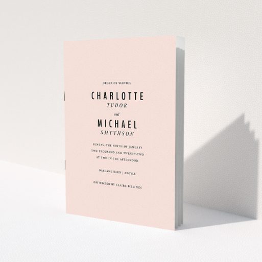 A wedding order of service design titled 'Pink with Typography'. It is an A5 booklet in a portrait orientation. 'Pink with Typography' is available as a folded booklet booklet, with mainly pink colouring.