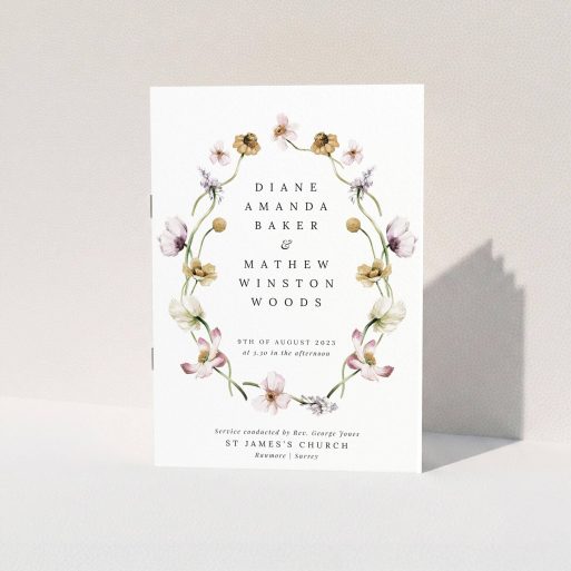 Floral wedding order of service program cover design with elegant typography and no photos.