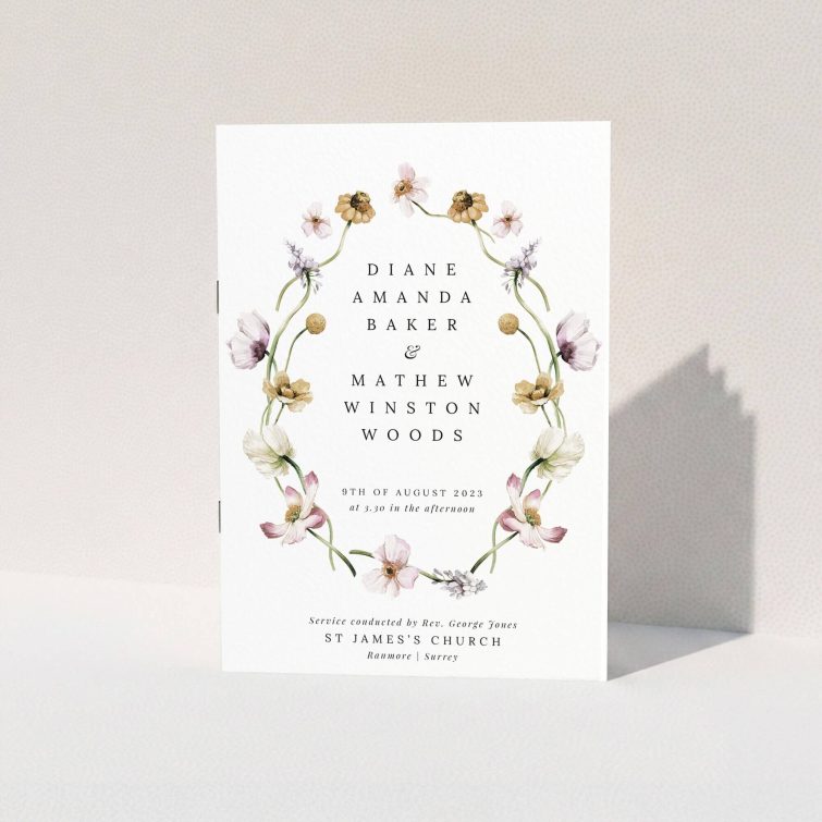 Floral wedding order of service program cover design with elegant typography and no photos.