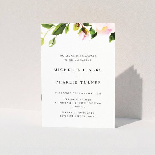 A wedding order of service named "Rose Ceiling". It is an A5 booklet in a portrait orientation. "Rose Ceiling" is available as a folded booklet booklet, with tones of pink and green.