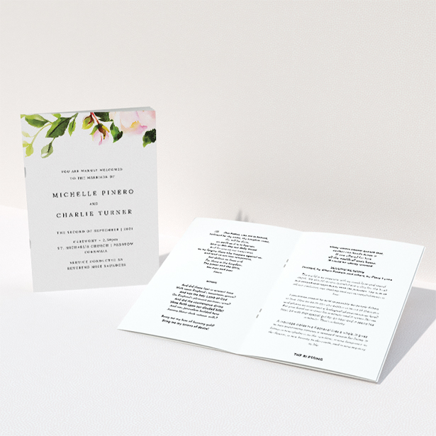 A wedding order of service named "Rose Ceiling". It is an A5 booklet in a portrait orientation. "Rose Ceiling" is available as a folded booklet booklet, with tones of pink and green.