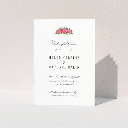 Wedding Order Of Service Design - "Rose Crown" A wedding order of service named "Rose Crown". It is an A5 booklet in a portrait orientation. "Rose Crown" is available as a folded booklet booklet, with tones of white and green.