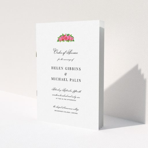 A wedding order of service named 'Rose Crown'. It is an A5 booklet in a portrait orientation. 'Rose Crown' is available as a folded booklet booklet, with tones of white and green.