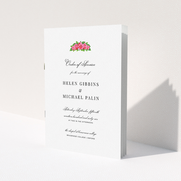 A wedding order of service named "Rose Crown". It is an A5 booklet in a portrait orientation. "Rose Crown" is available as a folded booklet booklet, with tones of white and green.