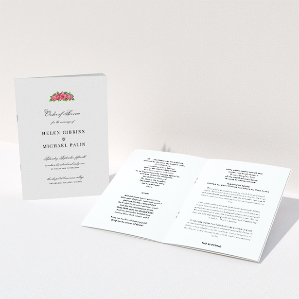 A wedding order of service named "Rose Crown". It is an A5 booklet in a portrait orientation. "Rose Crown" is available as a folded booklet booklet, with tones of white and green.