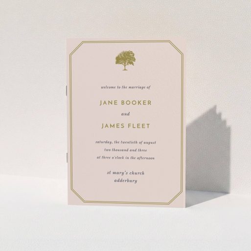 A wedding order of service template titled "Royal oak". It is an A5 booklet in a portrait orientation. "Royal oak" is available as a folded booklet booklet, with mainly dark cream colouring.