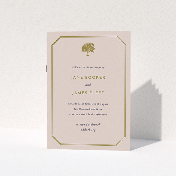 A wedding order of service template titled "Royal oak". It is an A5 booklet in a portrait orientation. "Royal oak" is available as a folded booklet booklet, with mainly dark cream colouring.