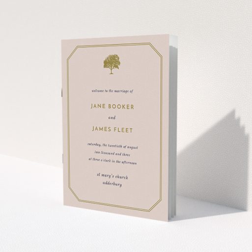 A wedding order of service template titled 'Royal oak'. It is an A5 booklet in a portrait orientation. 'Royal oak' is available as a folded booklet booklet, with mainly dark cream colouring.
