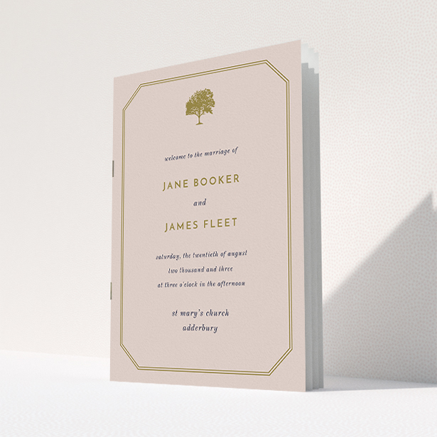 A wedding order of service template titled "Royal oak". It is an A5 booklet in a portrait orientation. "Royal oak" is available as a folded booklet booklet, with mainly dark cream colouring.
