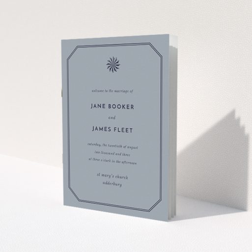 A wedding order of service called 'Shaded sundial'. It is an A5 booklet in a portrait orientation. 'Shaded sundial' is available as a folded booklet booklet, with tones of dark grey and navy blue.