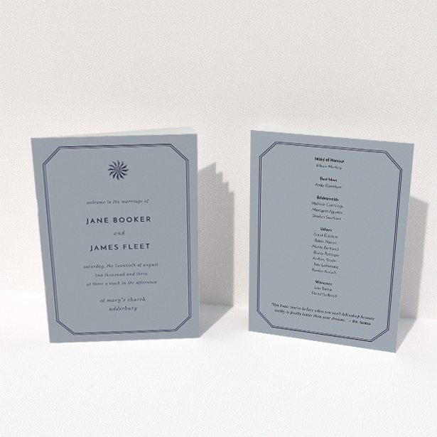 A wedding order of service called "Shaded sundial". It is an A5 booklet in a portrait orientation. "Shaded sundial" is available as a folded booklet booklet, with tones of dark grey and navy blue.