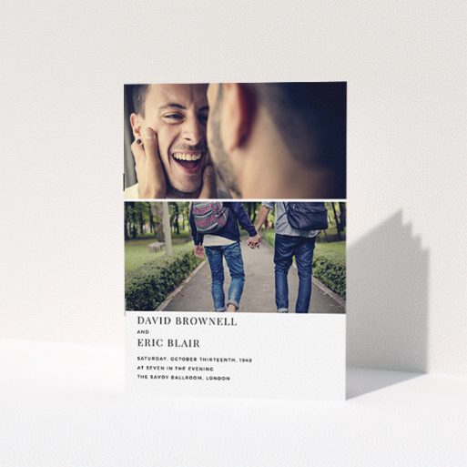 A wedding order of service design called "Side-by-side". It is an A5 booklet in a portrait orientation. It is a photographic wedding order of service with room for 2 photos. "Side-by-side" is available as a folded booklet booklet, with mainly white colouring.