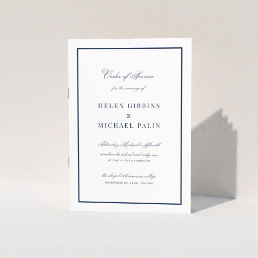 A wedding order of service design titled "Simple Display Blue". It is an A5 booklet in a portrait orientation. "Simple Display Blue" is available as a folded booklet booklet, with mainly white colouring.