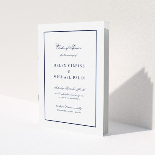 A wedding order of service design titled 'Simple Display Blue'. It is an A5 booklet in a portrait orientation. 'Simple Display Blue' is available as a folded booklet booklet, with mainly white colouring.