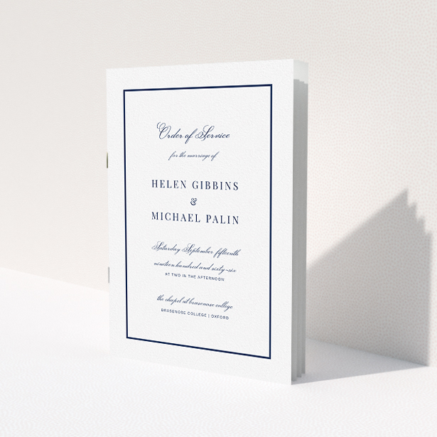 A wedding order of service design titled "Simple Display Blue". It is an A5 booklet in a portrait orientation. "Simple Display Blue" is available as a folded booklet booklet, with mainly white colouring.