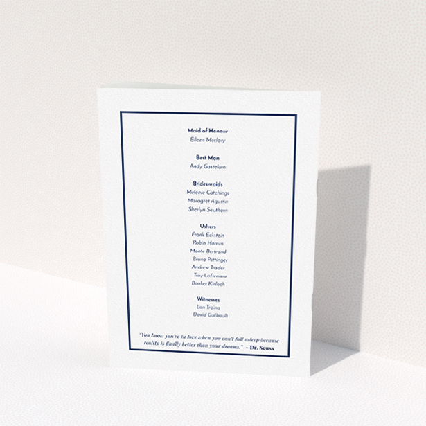 A wedding order of service design titled "Simple Display Blue". It is an A5 booklet in a portrait orientation. "Simple Display Blue" is available as a folded booklet booklet, with mainly white colouring.