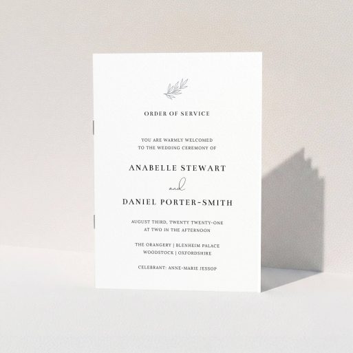 A wedding order of service template titled "Simple Elegance". It is an A5 booklet in a portrait orientation. "Simple Elegance" is available as a folded booklet booklet, with mainly white colouring.