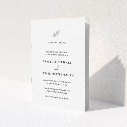 A wedding order of service template titled 'Simple Elegance'. It is an A5 booklet in a portrait orientation. 'Simple Elegance' is available as a folded booklet booklet, with mainly white colouring.
