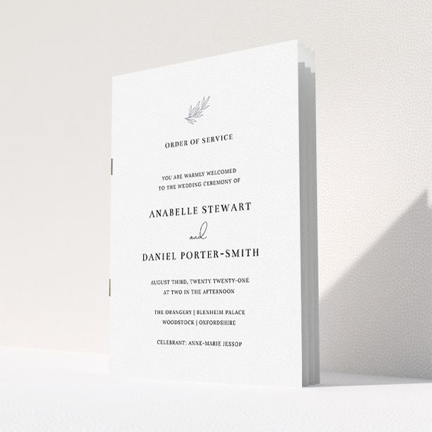A wedding order of service template titled "Simple Elegance". It is an A5 booklet in a portrait orientation. "Simple Elegance" is available as a folded booklet booklet, with mainly white colouring.