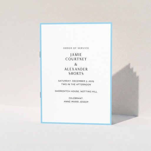 A wedding order of service template titled "Simple Order of Service Blue". It is an A5 booklet in a portrait orientation. "Simple Order of Service Blue" is available as a folded booklet booklet, with tones of blue and white.